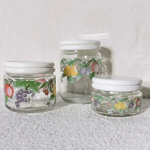 Vintage 80s KIG Indonesia Glass  Fruit Flower Canister Set (3)